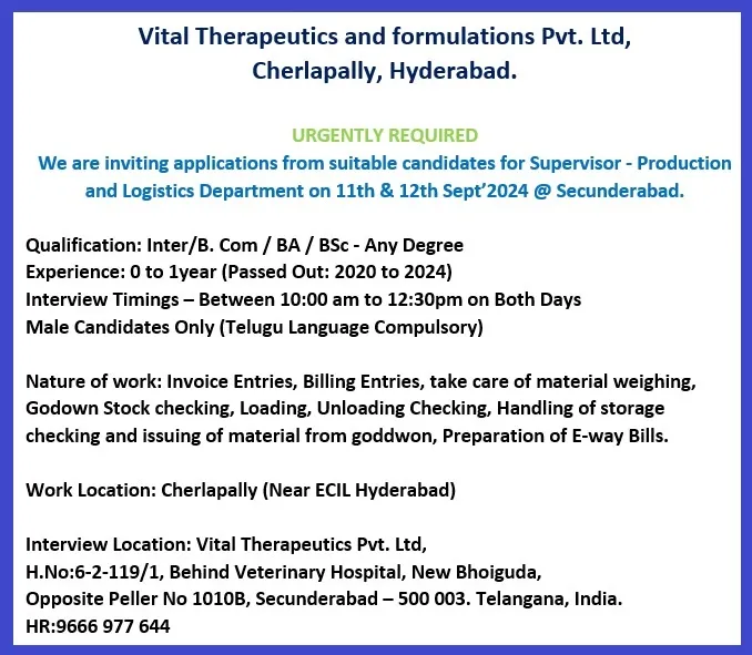 Vital Therapeutics and Formulations Hiring for Freshers & Experience Vital Therapeutics and Formulations Hiring for Freshers & Experience