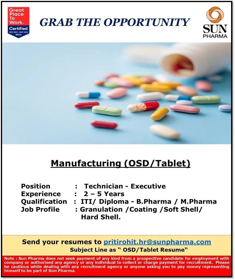 Sun Pharmaceutical Hiring for B.Pharm, M.Pharm, ITI, Diploma