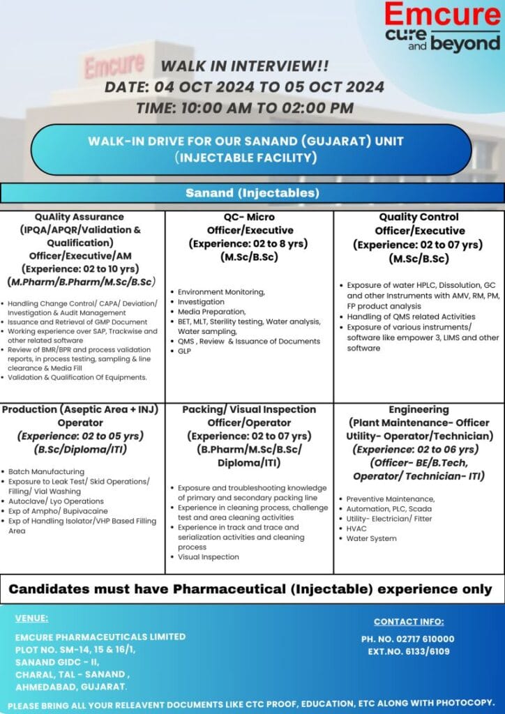 Emcure Pharmaceuticals Hiring for M.Pharm/ B.Pharm/ M.Sc/ B.Sc Emcure Pharmaceuticals Hiring for M.Pharm/ B.Pharm/ M.Sc/ B.Sc