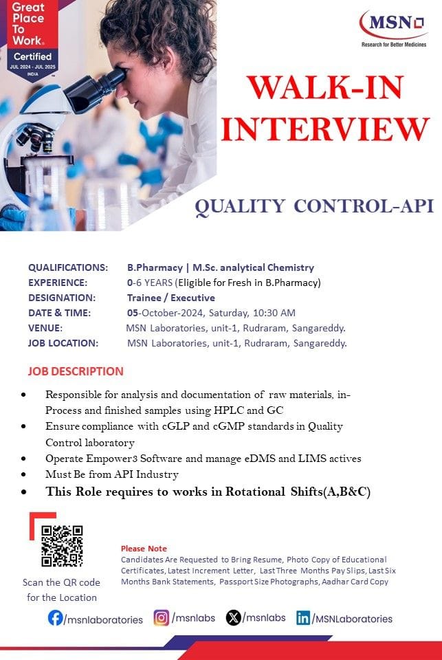 MSN Laboratories Hiring for Freshers & Experienced - B.Pharma/ B.Sc./ M.Sc/ MSN Laboratories Hiring for Freshers & Experienced - B.Pharma/ B.Sc./ M.Sc/