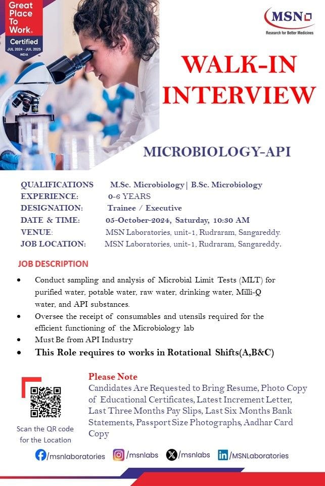 MSN Laboratories Hiring for Freshers & Experienced - B.Pharma/ B.Sc./ M.Sc/ MSN Laboratories Hiring for Freshers & Experienced - B.Pharma/ B.Sc./ M.Sc/