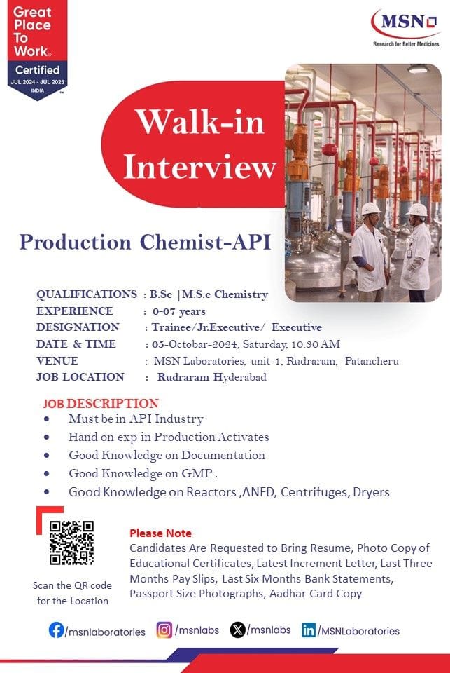 MSN Laboratories Hiring for Freshers & Experienced - B.Pharma/ B.Sc./ M.Sc/ MSN Laboratories Hiring for Freshers & Experienced - B.Pharma/ B.Sc./ M.Sc/