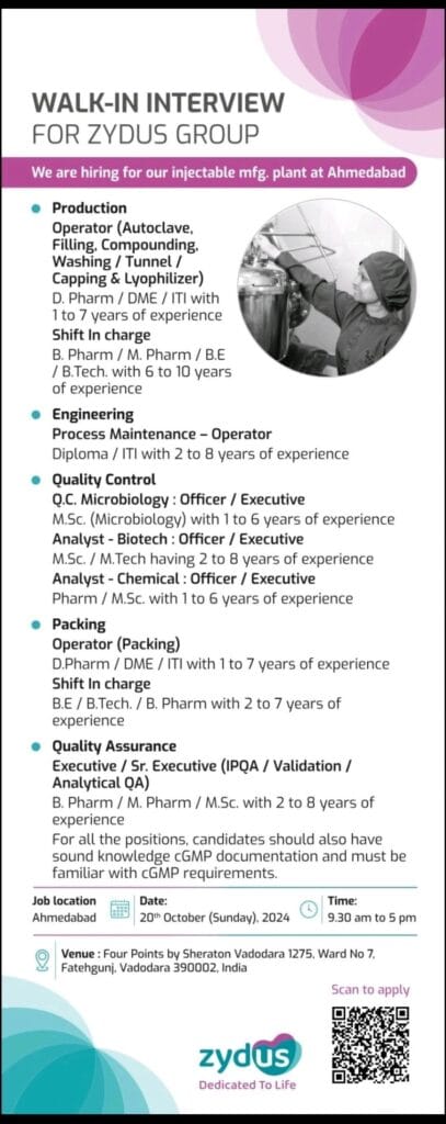 Zydus Group Hiring for QC/ QA/ Engineering/ Production