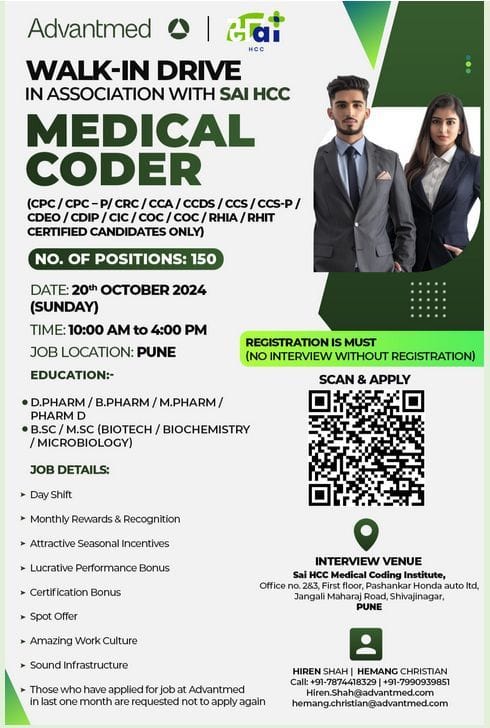 Freshers Medical Coder Oppurtunities in Pune (150 Vacancies)