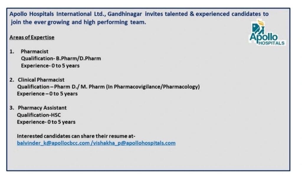 Pharmacy Assistant, Clinical Pharmacist. Pharmacist Vacancies at Apollo Hospitals Pharmacy Assistant, Clinical Pharmacist. Pharmacist Vacancies at Apollo Hospitals