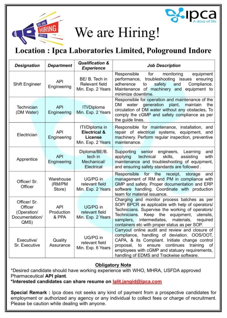 Ipca Laboratories Hiring for Quality Assurance / Warehouse/ API Engineering