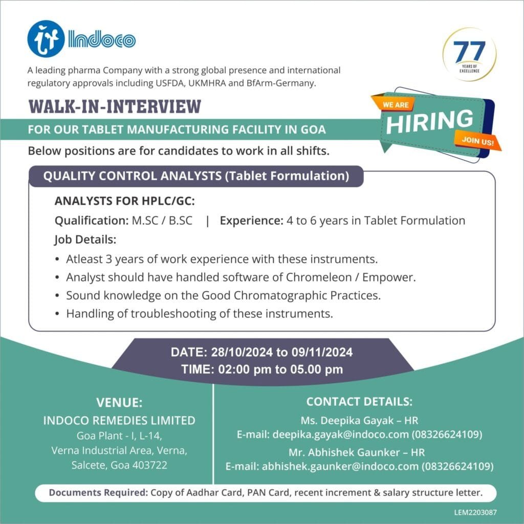 Indoco Remedies Hiring for Quality Control Analysts - M.Sc / B.Sc @Goa Indoco Remedies Hiring for Quality Control Analysts - M.Sc / B.Sc @Goa
