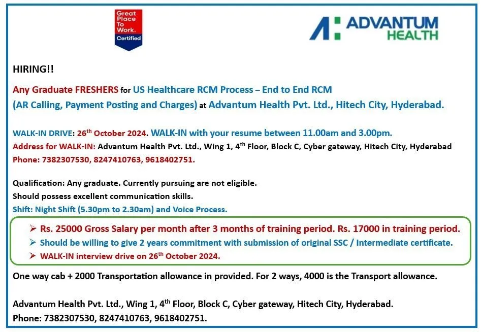 Advantum Health Hiring for FRESHERS - Any Graduate Advantum Health Hiring for FRESHERS - Any Graduate