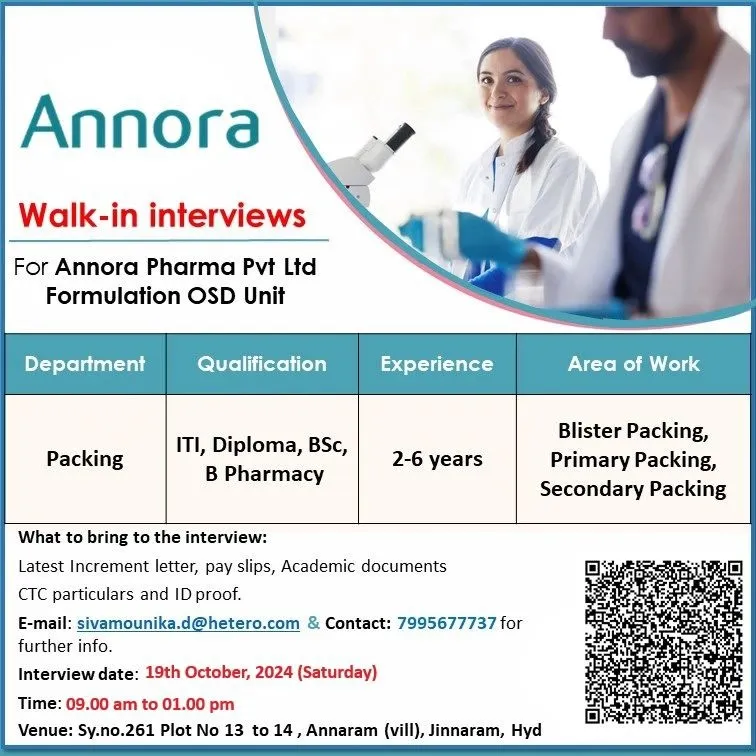 ANNORA Pharma – Hiring for B.Pharm, B.Sc, ITI, Diploma - Packing ANNORA Pharma – Hiring for B.Pharm, B.Sc, ITI, Diploma - Packing