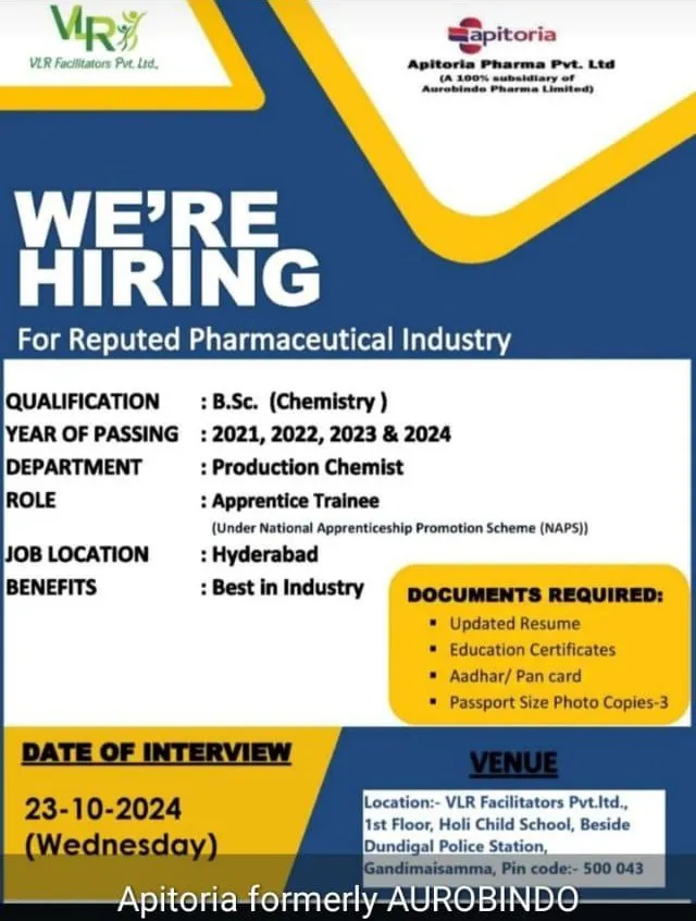 Apitoria Pharma Hiring for FRESHERS - Production