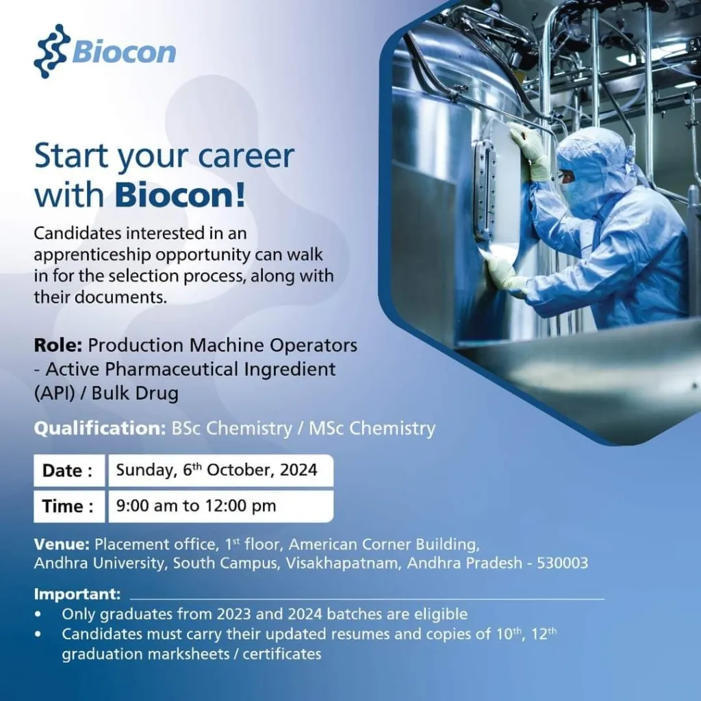 BIOCON Hiring Freshers for Production - BSc / MSc BIOCON Hiring Freshers for Production - BSc / MSc