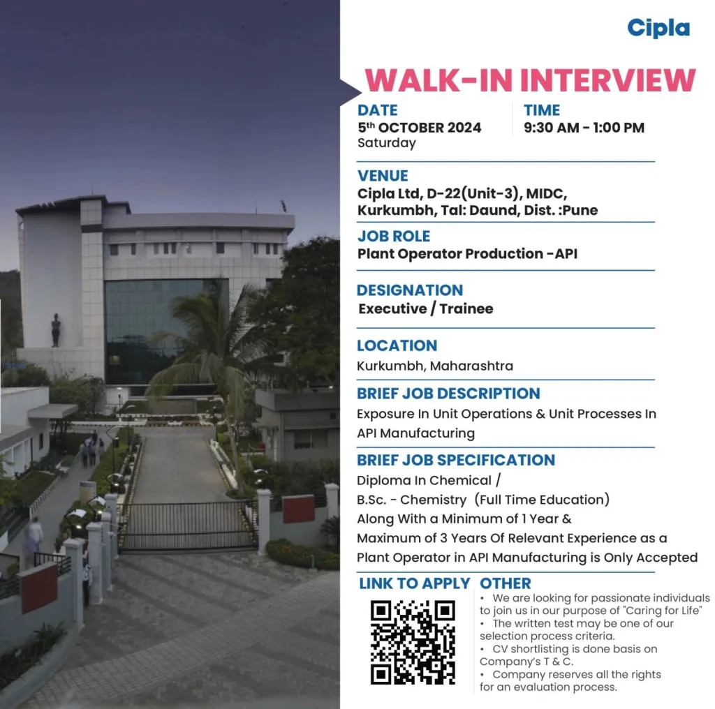 Cipla Limited Hiring for B.Sc, Diploma - Production Cipla Limited Hiring for B.Sc, Diploma - Production