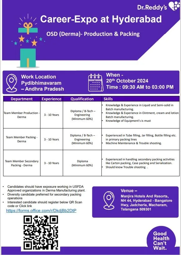 Dr.Reddy’s Hiring for Production / Packing Dr.Reddy’s Hiring for Production / Packing