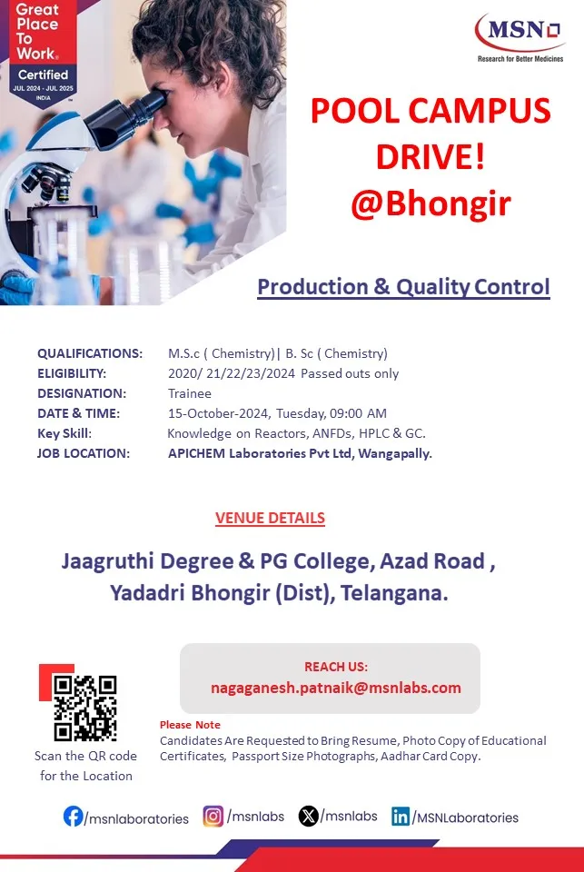 MSN LABS – Hiring for FRESHERS in Production / Quality Control MSN LABS – Hiring for FRESHERS in Production / Quality Control