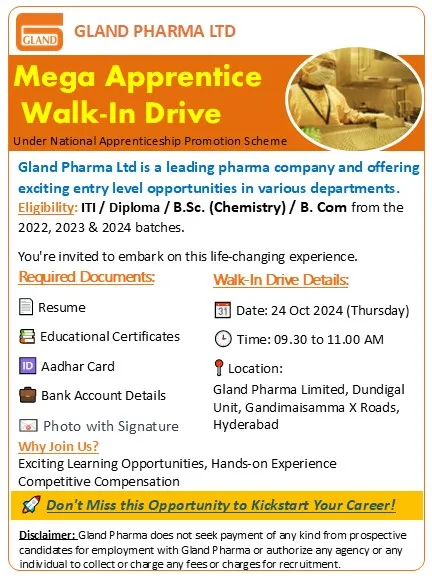 Gland Pharma Hiring for FRESHERS - ITI / Diploma / B.Sc. / B. Com