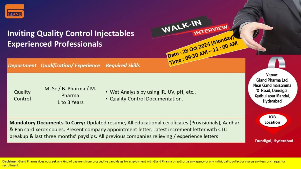 Gland Pharma Hiring for Quality Control - M.Sc, B. Pharma, M. Pharma Gland Pharma Hiring for Quality Control - M.Sc, B. Pharma, M. Pharma