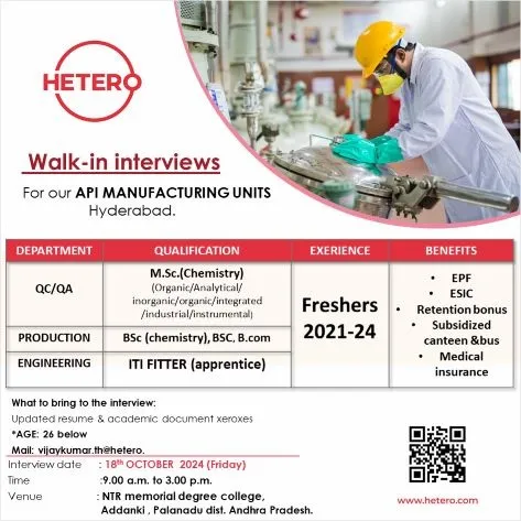 HETERO – Hiring for Freshers in Production / QC / QA / Engineering