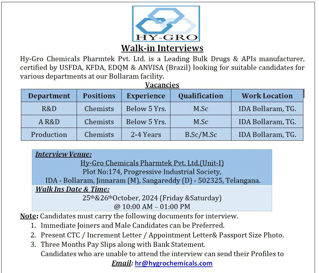 HY-GRO Chemicals Hiring for Production / AR&D / R&D