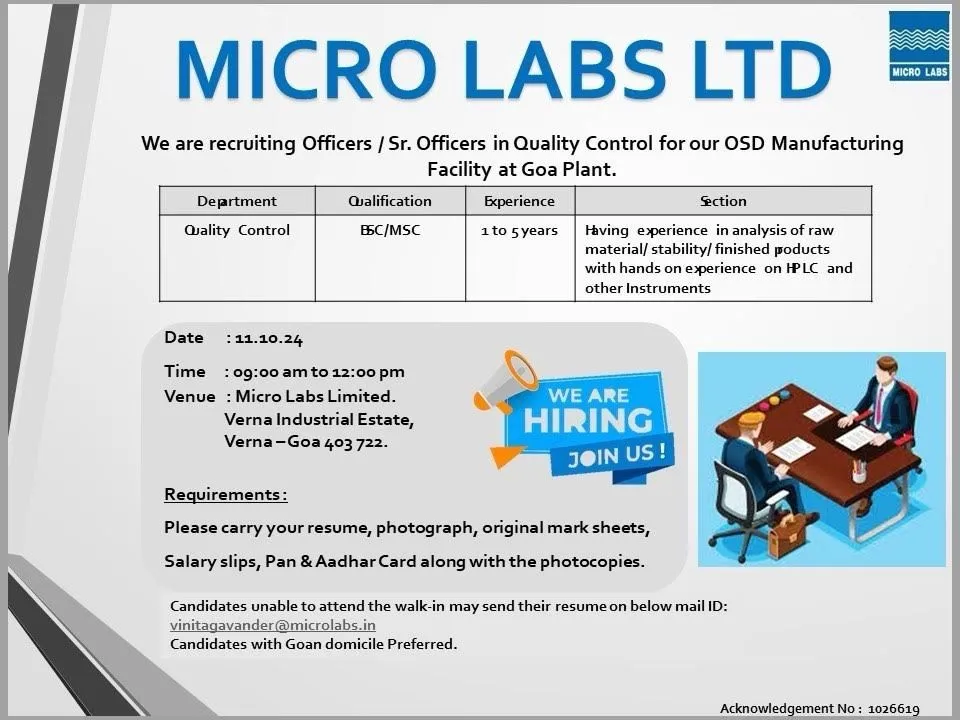 Micro Labs Hiring for Quality Control - B.Sc / M.Sc Micro Labs Hiring for Quality Control - B.Sc / M.Sc