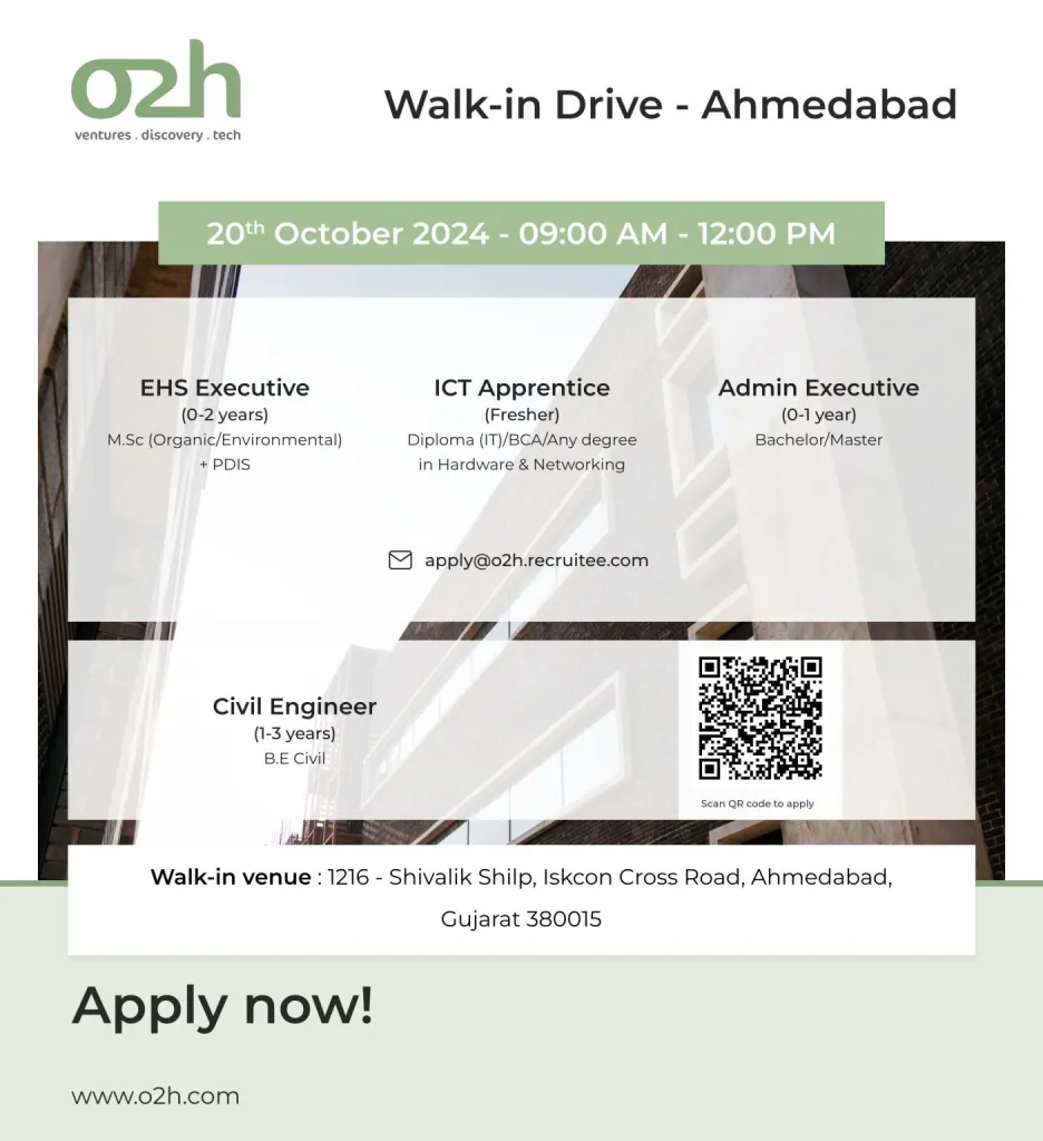 [Freshers & Experienced] o2h discovery Hiring for EHS/ ICT/ Admin/ Civil