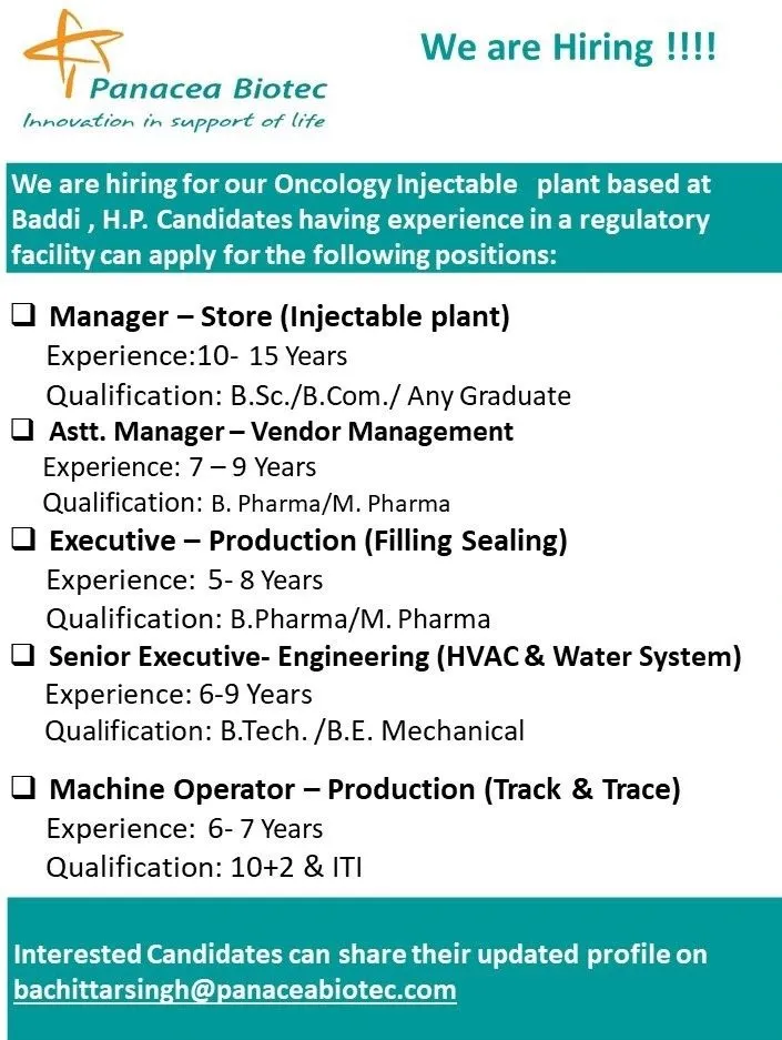 Panacea Biotec Hiring for B.Sc, B.Com, B.Pharm, M.Pharm, B.E, B.Tech, 12th, ITI Panacea Biotec Hiring for B.Sc, B.Com, B.Pharm, M.Pharm, B.E, B.Tech, 12th, ITI