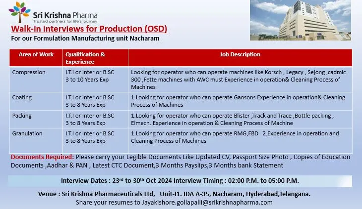 Sri Krishna Pharma Hiring for Production OSD Sri Krishna Pharma Hiring for Production OSD
