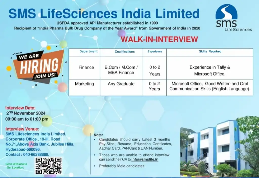 SMS Lifesciences Hiring for Freshers & Experienced in Finance, Marketing SMS Lifesciences Hiring for Freshers & Experienced in Finance, Marketing