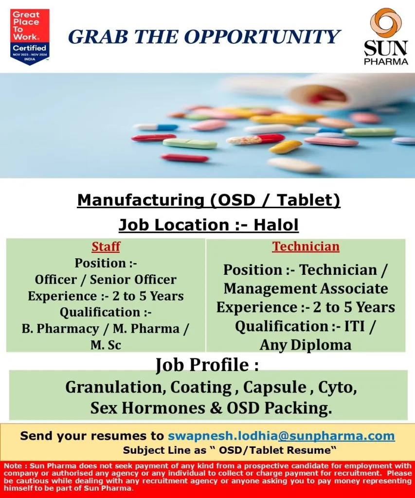 Sun Pharma Hiring for M.Sc, B.Pharm, M.Pharm, ITI, Diploma Sun Pharma Hiring for M.Sc, B.Pharm, M.Pharm, ITI, Diploma
