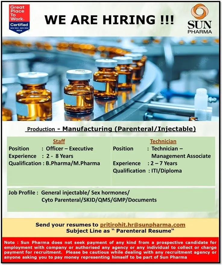 Sun Pharma Hiring for M.Sc, B.Pharm, M.Pharm, ITI, Diploma Sun Pharma Hiring for M.Sc, B.Pharm, M.Pharm, ITI, Diploma