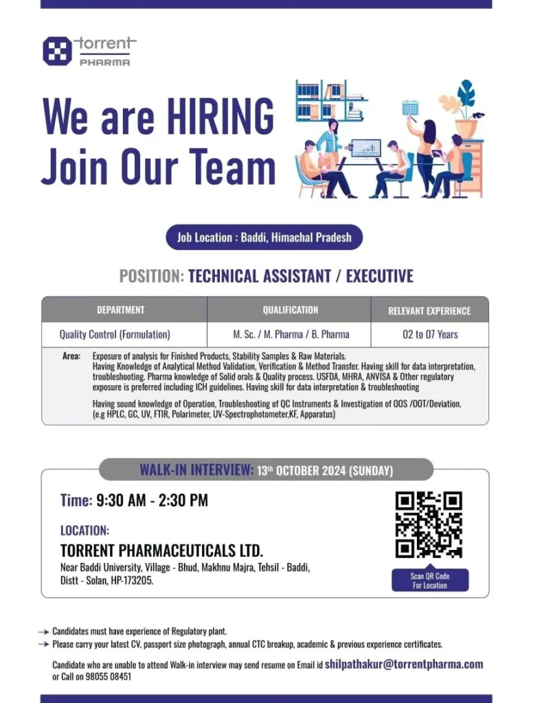 Torrent Pharmaceuticals Hiring for Quality Control – Formulations Torrent Pharmaceuticals Hiring for Quality Control – Formulations