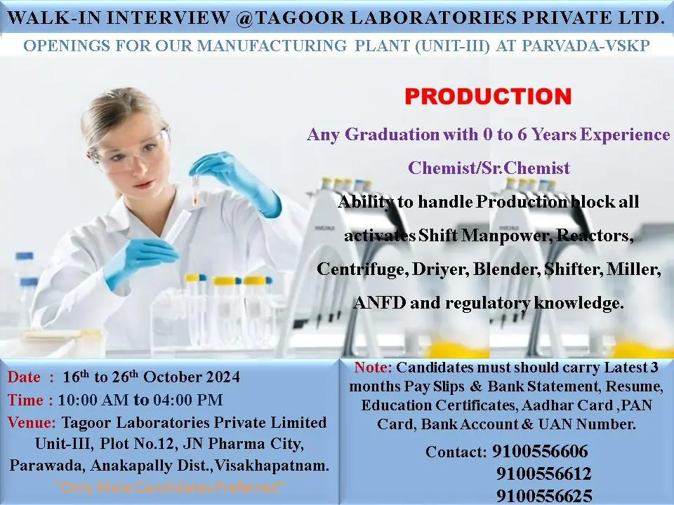 TAGOOR Laboratories Hiring for Freshers & Experienced - Production TAGOOR Laboratories Hiring for Freshers & Experienced - Production