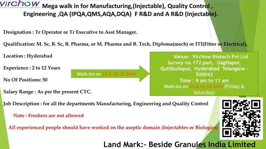[Positions: 50] Virchow Biotech Hiring for Manufacturing / QC / QA / AR&D / FR&D / Engineering
