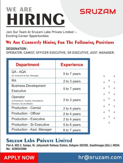 Sruzam Labs Hiring for Regulatory Affairs / QA / Production/ Operator/ BDE Sruzam Labs Hiring for Regulatory Affairs / QA / Production/ Operator/ BDE