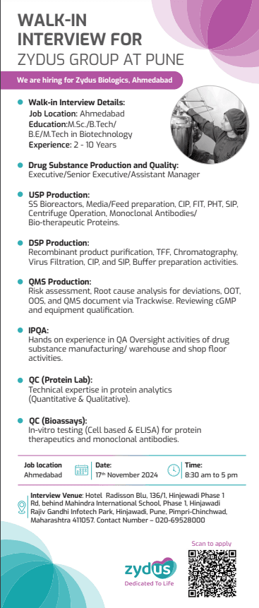 Zydus Group Hiring for Production/ QA/ QC/ IPQA Zydus Group Hiring for Production/ QA/ QC/ IPQA