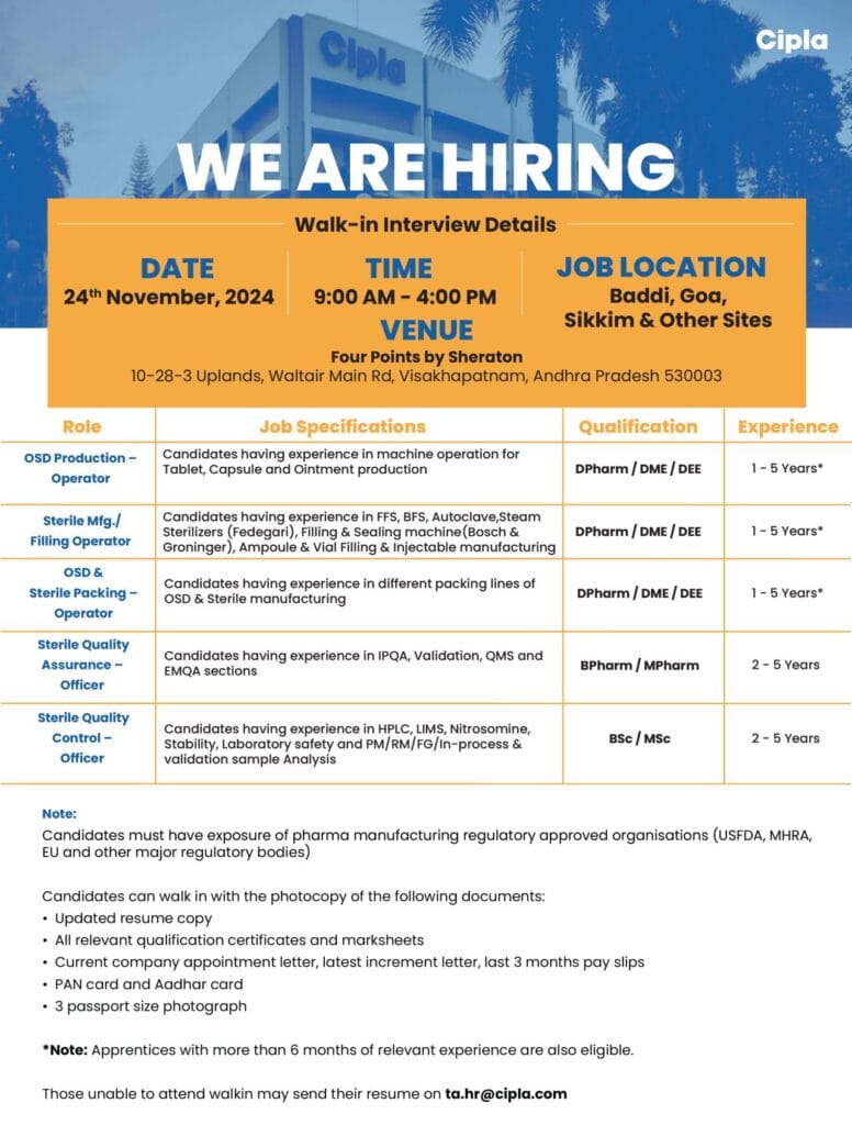 Cipla is Hiring for QA/ QC/ Production / Packing Cipla is Hiring for QA/ QC/ Production / Packing