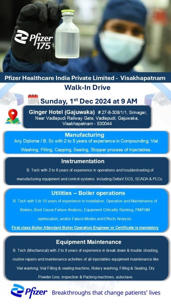 Pfizer Healthcare Hiring for Manufacturing/ Instrumentation/ Utilities/ Equipment Maintenance Pfizer Healthcare Hiring for Manufacturing/ Instrumentation/ Utilities/ Equipment Maintenance