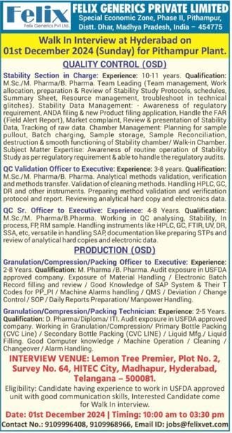 Felix Generics Hiring for Quality Control/ Production Felix Generics Hiring for Quality Control/ Production