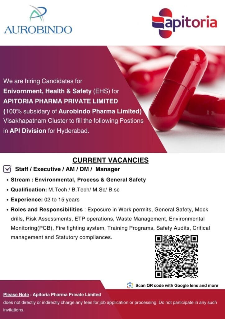 Aurobindo Pharma Hiring for EHS - M.Tech / B.Tech / M.Sc / B.Sc Aurobindo Pharma Hiring for EHS - M.Tech / B.Tech / M.Sc / B.Sc