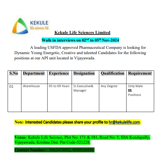 Kekule Life Sciences Hiring for Warehouse - Any Graduate Kekule Life Sciences Hiring for Warehouse - Any Graduate