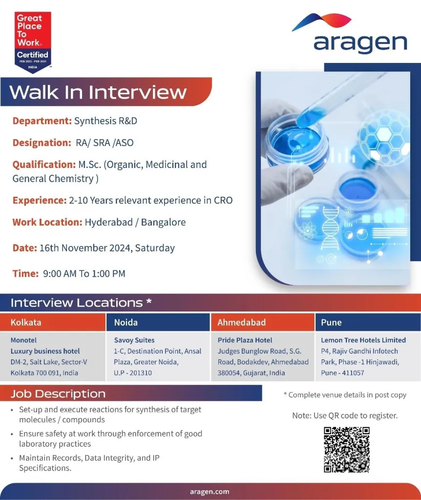 ARAGEN Hiring for Synthesis R&D - M.Sc ARAGEN Hiring for Synthesis R&D - M.Sc