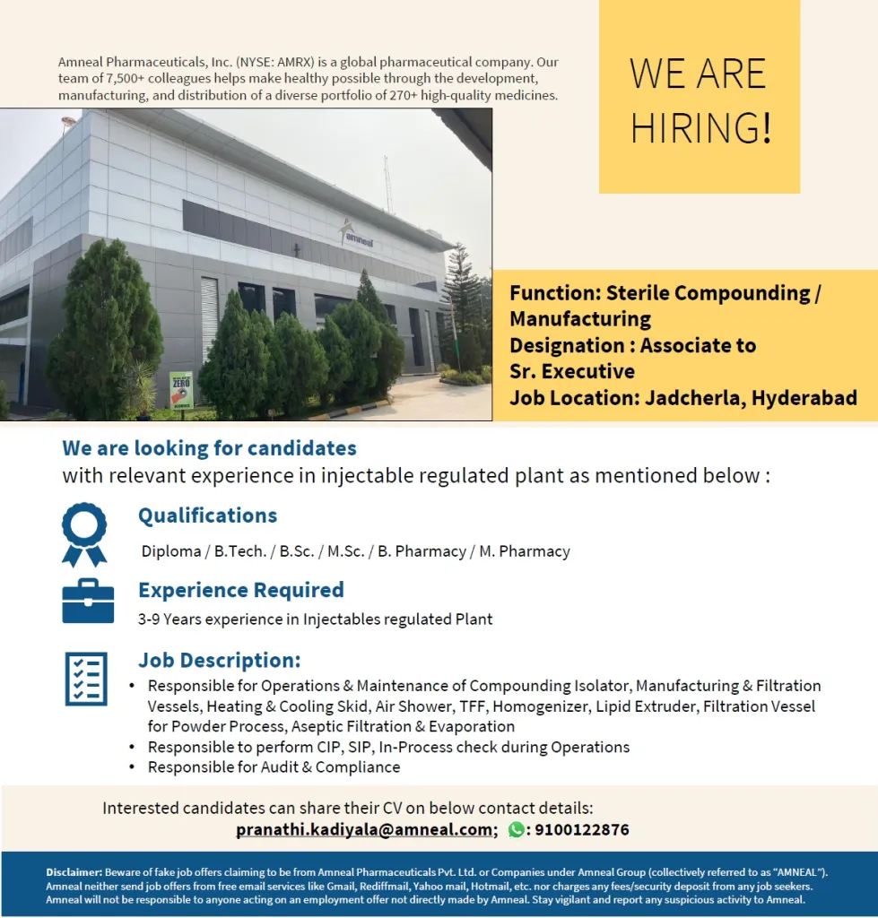 Amneal Pharma Hiring for B.Sc, M.Sc, B.Pharm, M.Pharm, B.Tech, Diploma Amneal Pharma Hiring for B.Sc, M.Sc, B.Pharm, M.Pharm, B.Tech, Diploma