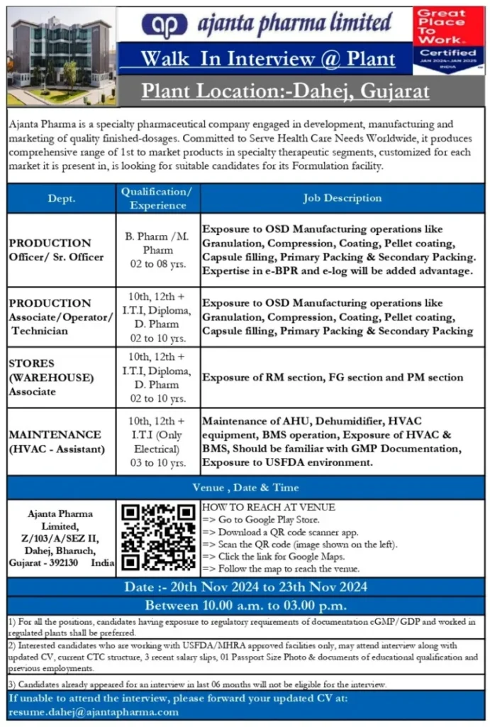Ajanta Pharma Hiring M.Pharm / B.Pharm / ITI / Diploma / 10th / 12th / D.Pharm Ajanta Pharma Hiring M.Pharm / B.Pharm / ITI / Diploma / 10th / 12th / D.Pharm