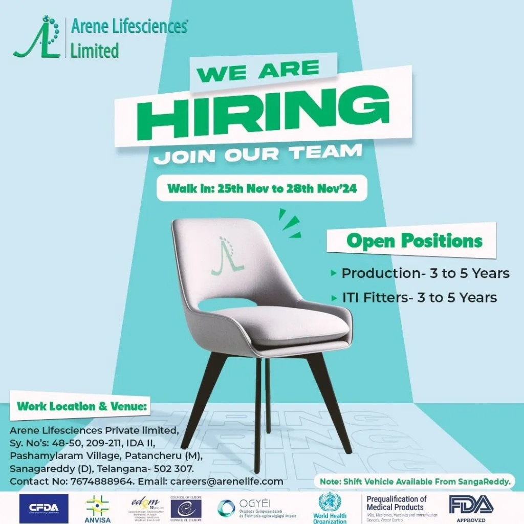 Arene Lifesciences Hiring for Production / ITI Fitters Arene Lifesciences Hiring for Production / ITI Fitters