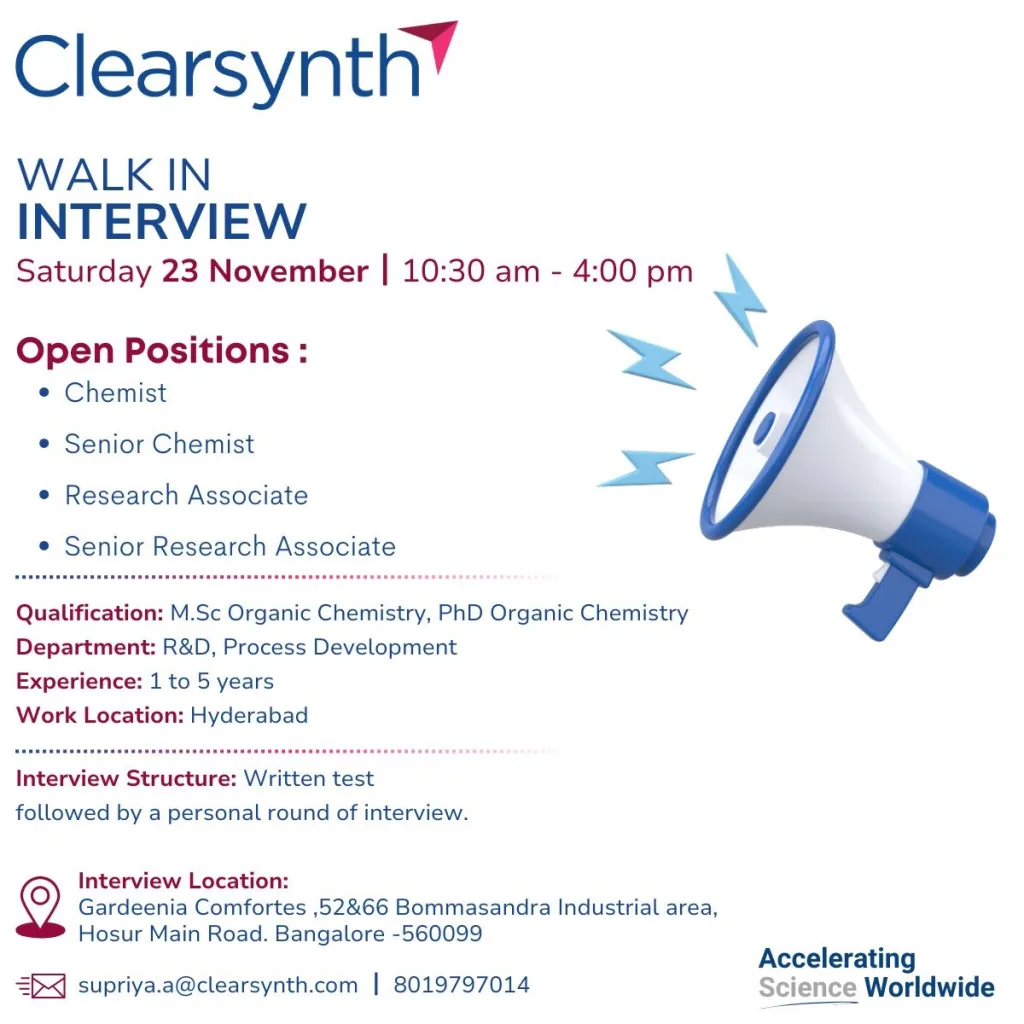 Clearsynth Lab Hiring for R&D, Process Development Clearsynth Lab Hiring for R&D, Process Development
