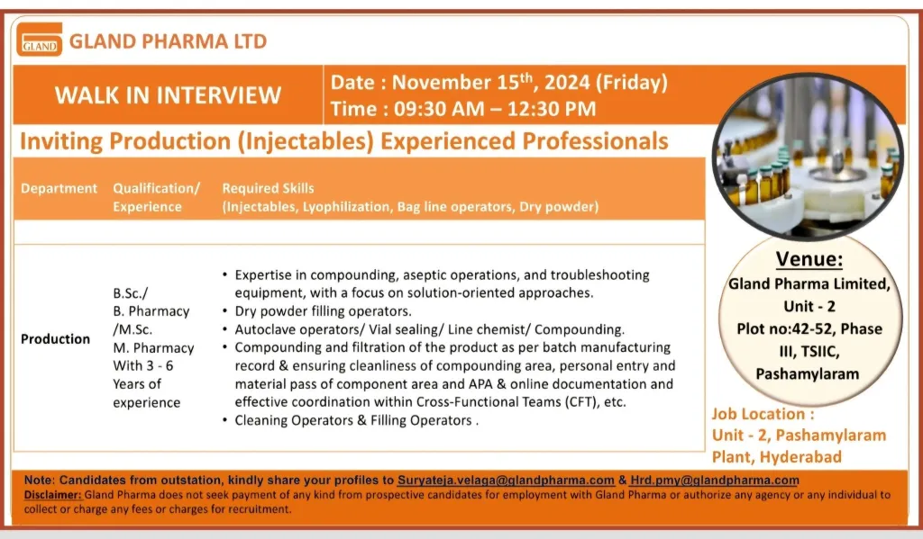 Gland Pharma Hiring for Production - B.Sc, B.Pharm, M.Sc, M.Pharm Gland Pharma Hiring for Production - B.Sc, B.Pharm, M.Sc, M.Pharm