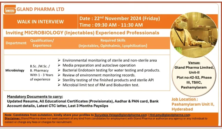 Gland Pharma Hiring B.Sc, B.Pharm, M.Sc for Microbiology Department Gland Pharma Hiring B.Sc, B.Pharm, M.Sc for Microbiology Department