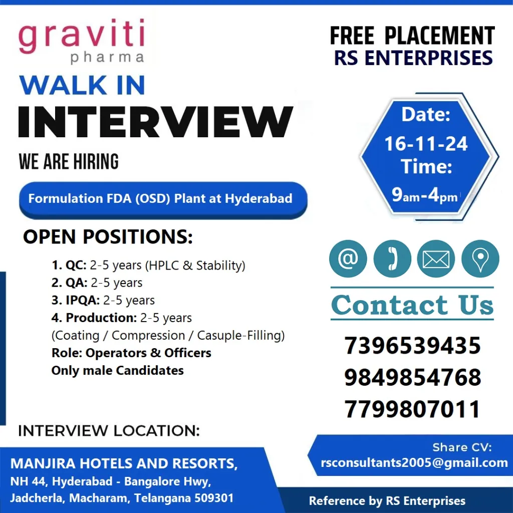 Graviti Pharma Hiring for QC / QA / IPQA / Production Graviti Pharma Hiring for QC / QA / IPQA / Production