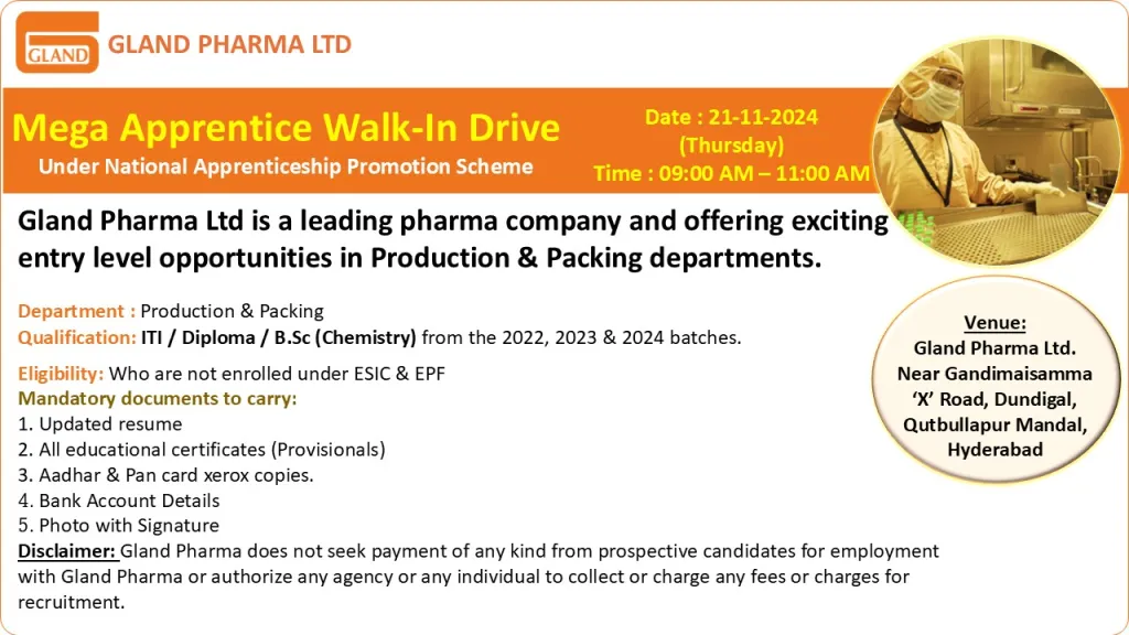 Gland Pharma Hiring for Production & Packing - ITI / Diploma / B.Sc Gland Pharma Hiring for Production & Packing - ITI / Diploma / B.Sc
