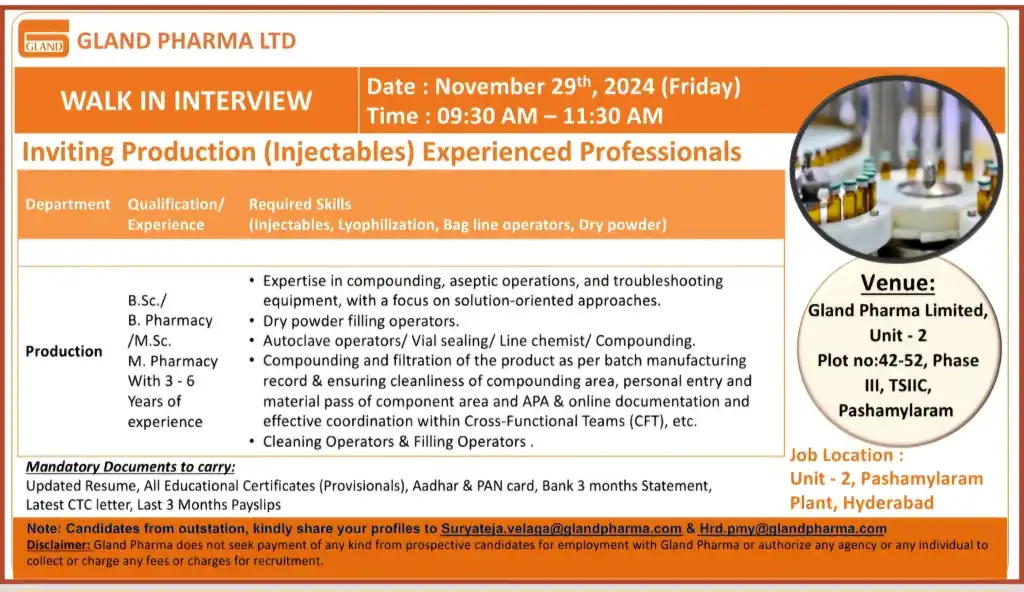 Gland Pharma Hiring for Production – Injectables Gland Pharma Hiring for Production – Injectables