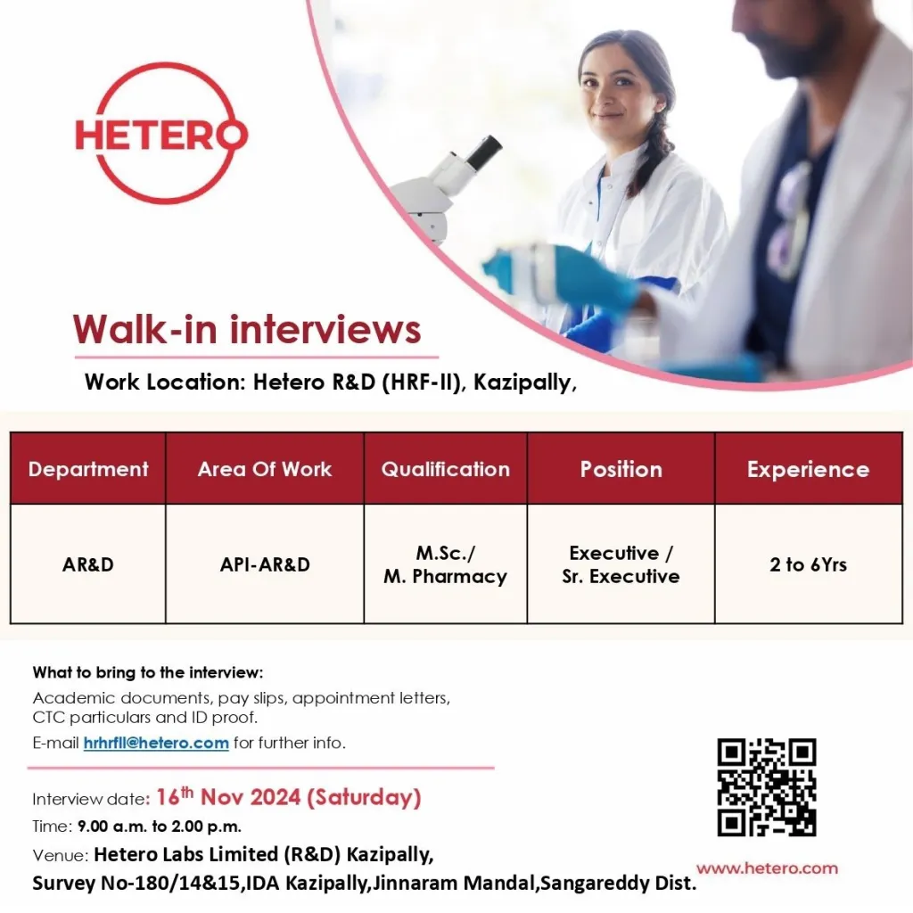 Hetero Labs Hiring for AR&D - M.Sc, M.Pharm Hetero Labs Hiring for AR&D - M.Sc, M.Pharm